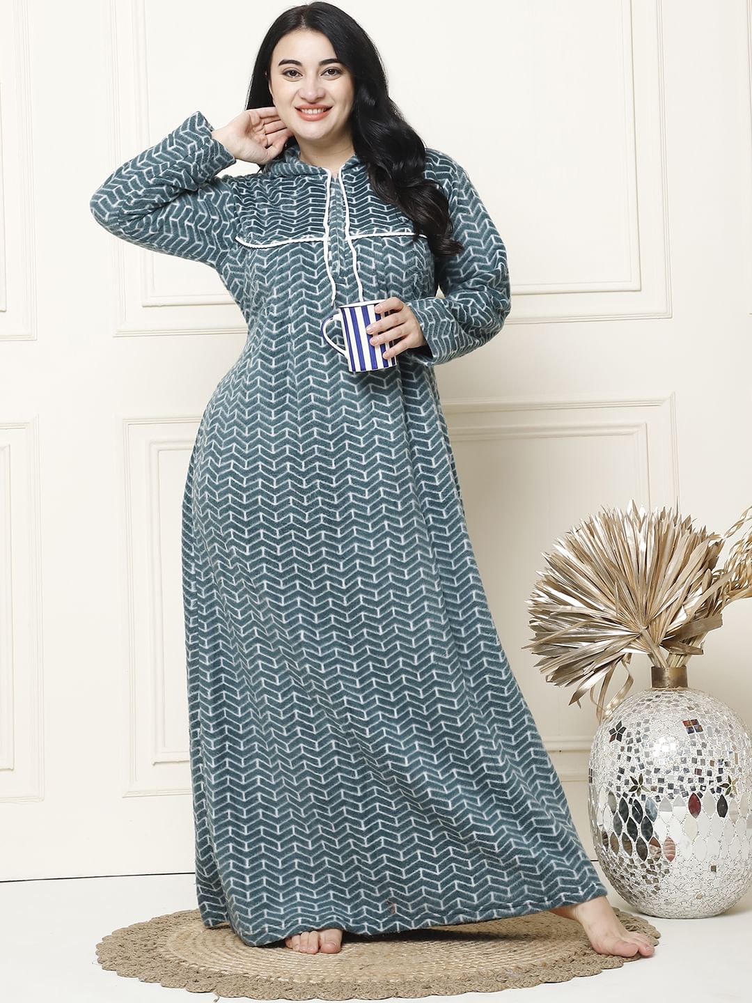 Geometric Print Green Woolen Plus Size Winter Nighty with Hoodie