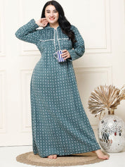 Geometric Print Green Woolen Plus Size Winter Nighty with Hoodie