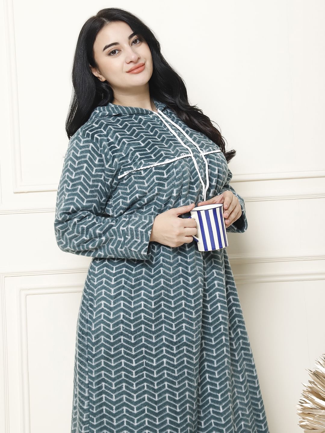 Geometric Print Green Woolen Plus Size Winter Nighty with Hoodie
