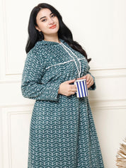 Geometric Print Green Woolen Plus Size Winter Nighty with Hoodie