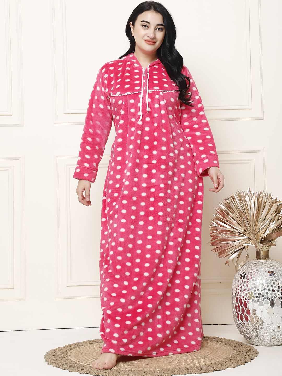 Polka Dot Pink Woolen Plus Size Winter Nighty with Hoodie
