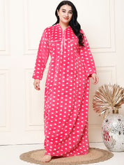 Polka Dot Pink Woolen Plus Size Winter Nighty with Hoodie