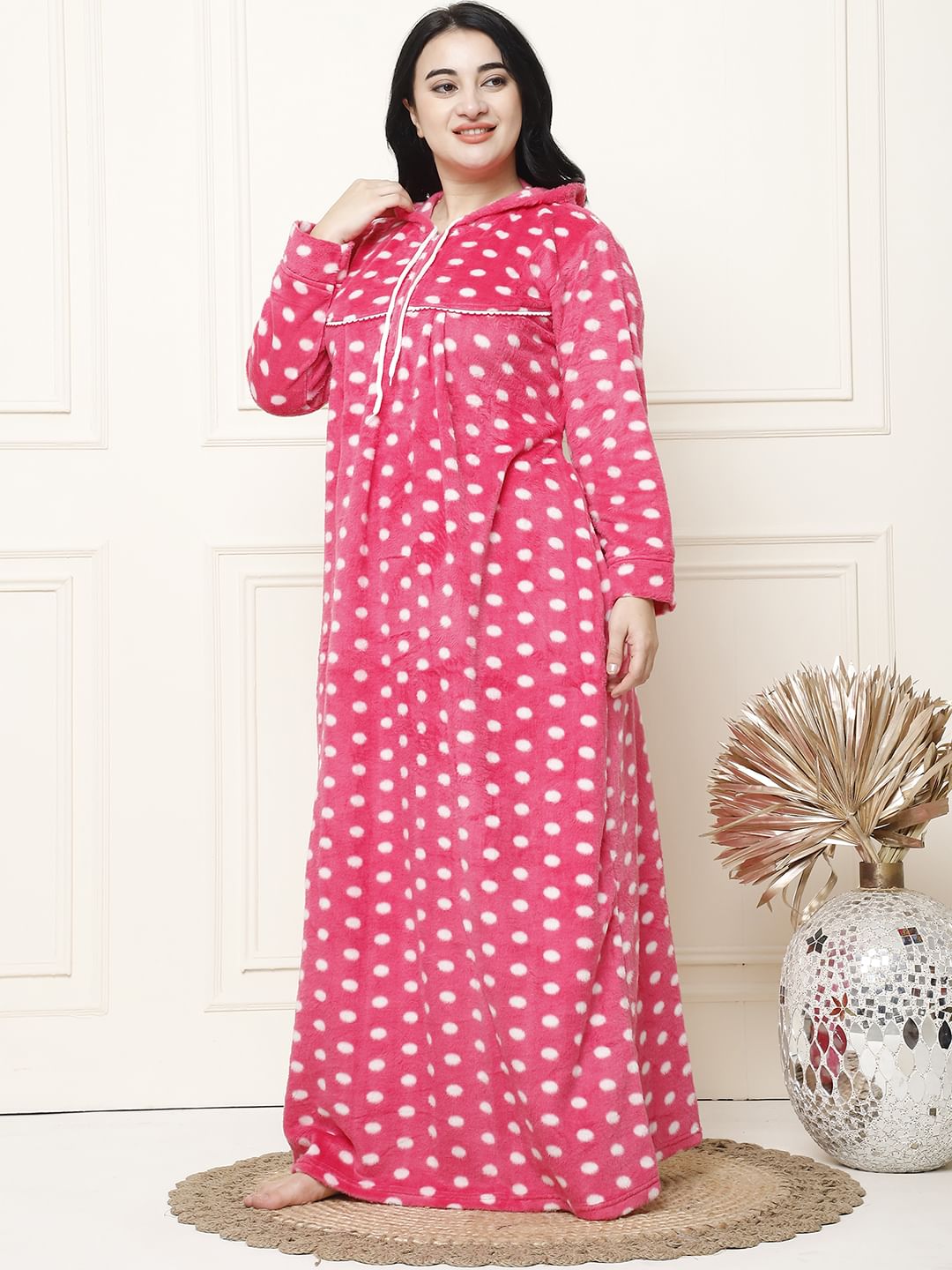 Polka Dot Pink Woolen Plus Size Winter Nighty with Hoodie