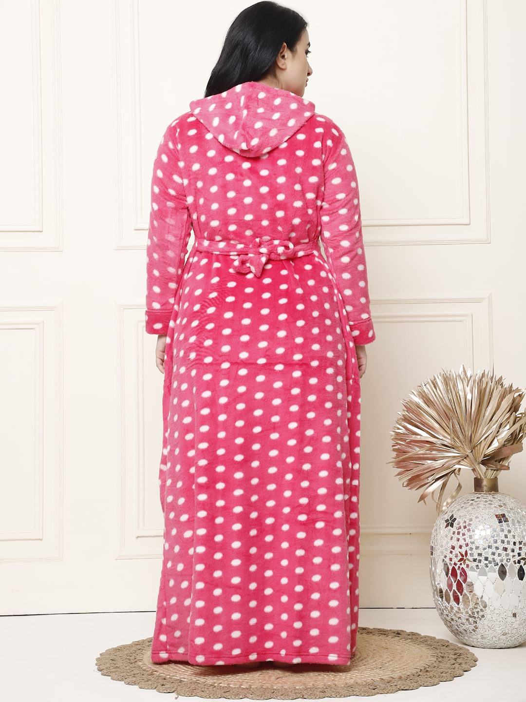 Polka Dot Pink Woolen Plus Size Winter Nighty with Hoodie