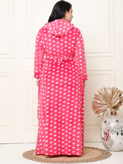 Polka Dot Pink Woolen Plus Size Winter Nighty with Hoodie