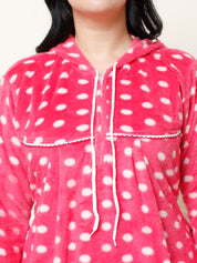 Polka Dot Pink Woolen Plus Size Winter Nighty with Hoodie