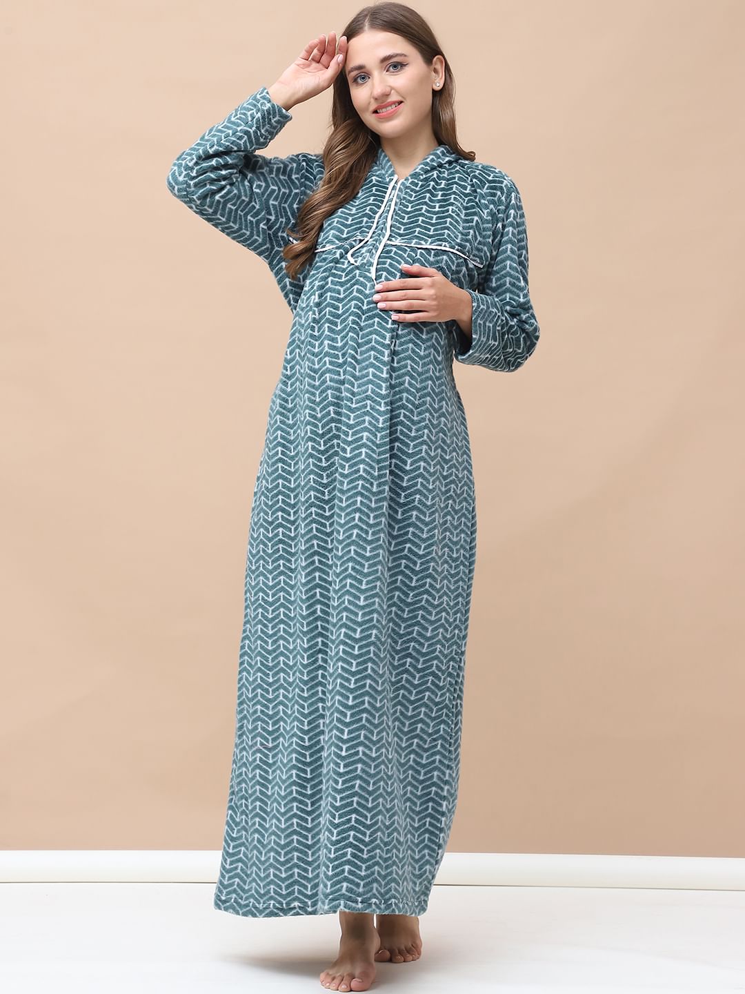 Geometric Print Green Woolen Maternity Nighty Full Length with Hoodie