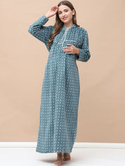 Geometric Print Green Woolen Maternity Nighty Full Length with Hoodie
