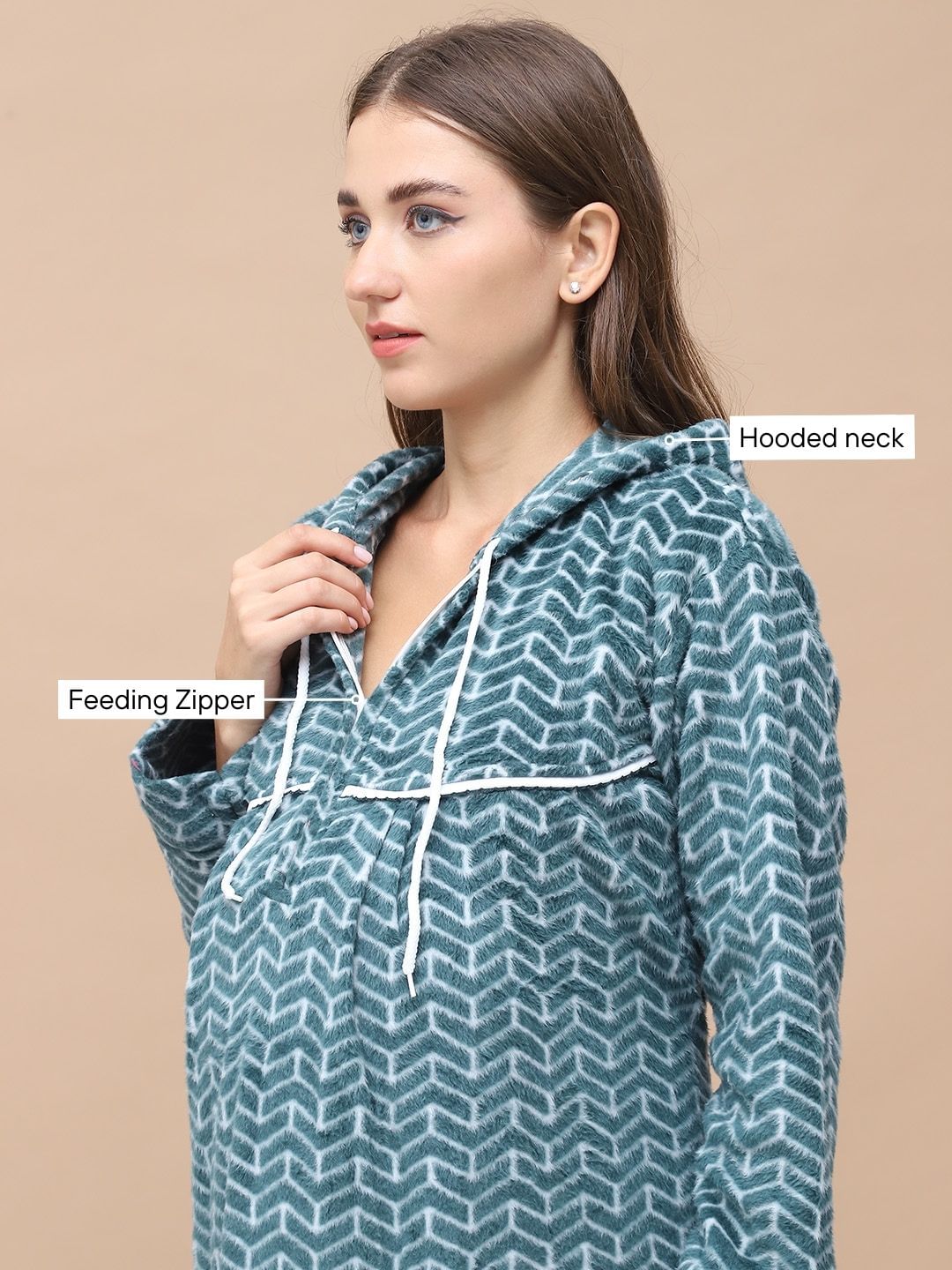 Geometric Print Green Woolen Maternity Nighty Full Length with Hoodie