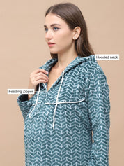 Geometric Print Green Woolen Maternity Nighty Full Length with Hoodie