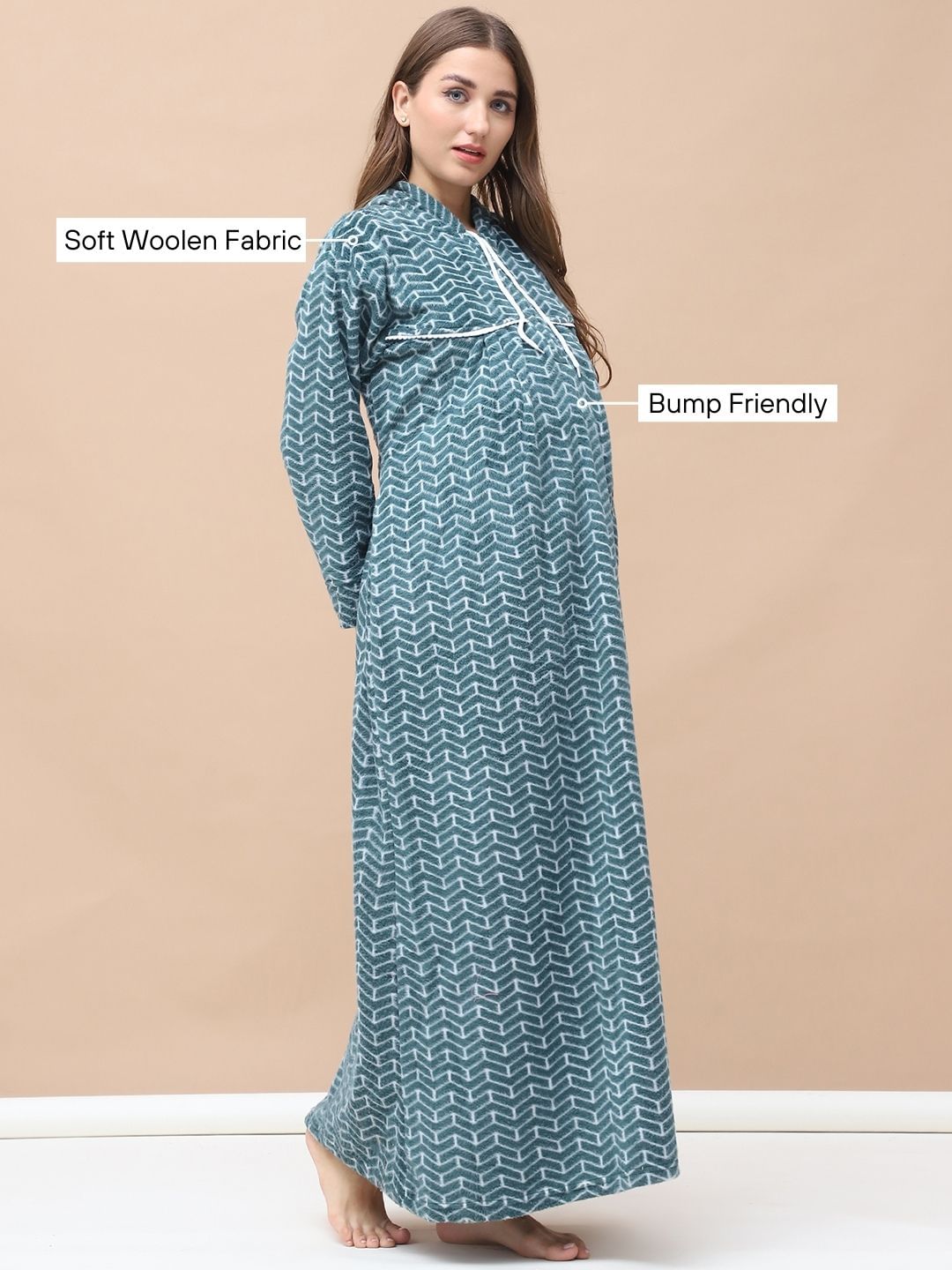 Geometric Print Green Woolen Maternity Nighty Full Length with Hoodie