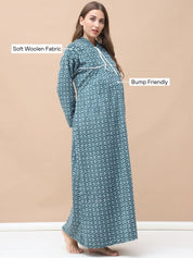 Geometric Print Green Woolen Maternity Nighty Full Length with Hoodie