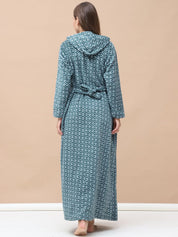 Geometric Print Green Woolen Maternity Nighty Full Length with Hoodie