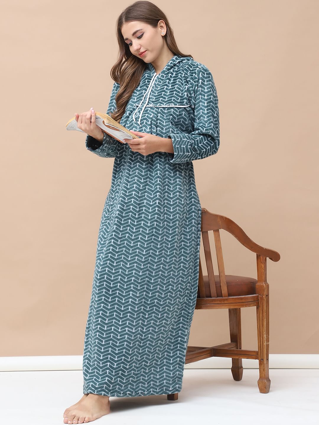 Geometric Print Green Woolen Maternity Nighty Full Length with Hoodie