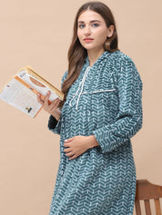 Geometric Print Green Woolen Maternity Nighty Full Length with Hoodie