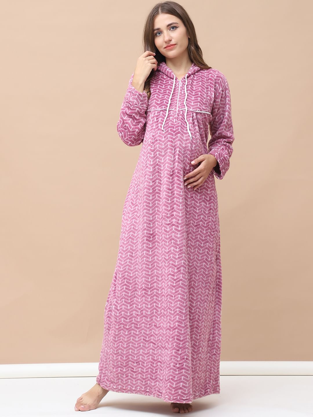 Geometric Print Pink Woolen Maternity Nighty Full Length with Hoodie