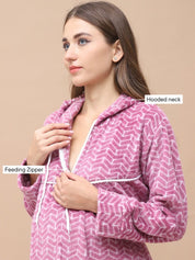 Geometric Print Pink Woolen Maternity Nighty Full Length with Hoodie