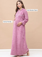 Geometric Print Pink Woolen Maternity Nighty Full Length with Hoodie