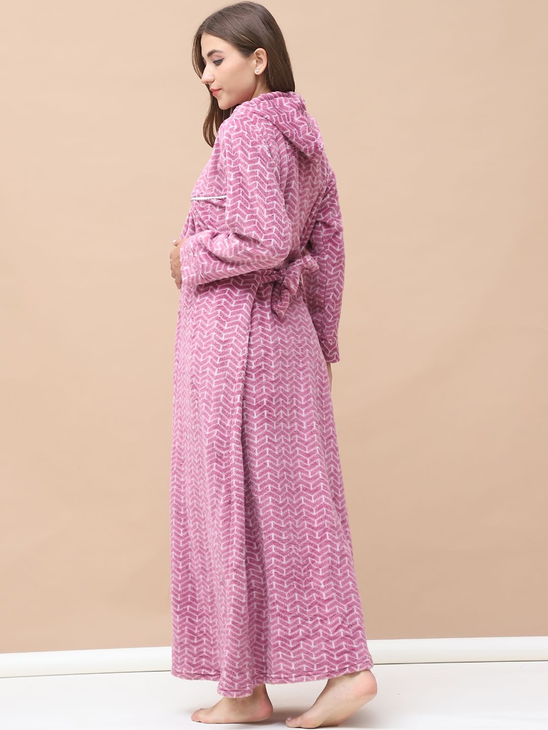 Geometric Print Pink Woolen Maternity Nighty Full Length with Hoodie