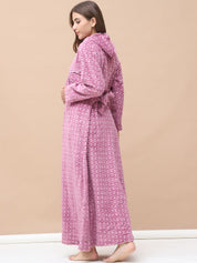 Geometric Print Pink Woolen Maternity Nighty Full Length with Hoodie