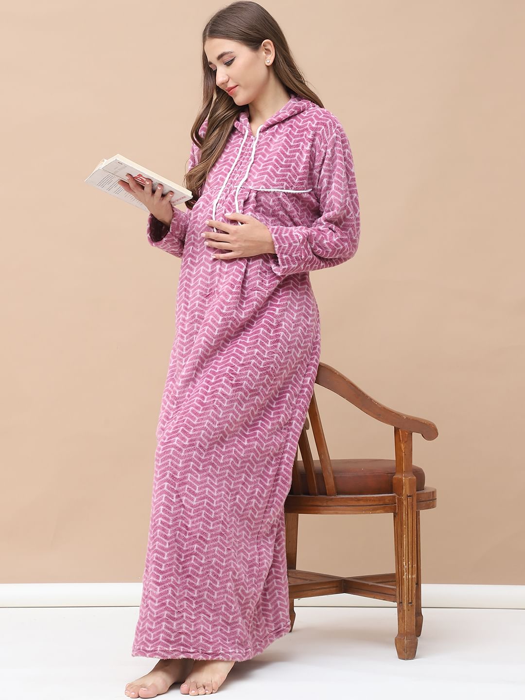 Geometric Print Pink Woolen Maternity Nighty Full Length with Hoodie