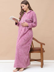 Geometric Print Pink Woolen Maternity Nighty Full Length with Hoodie