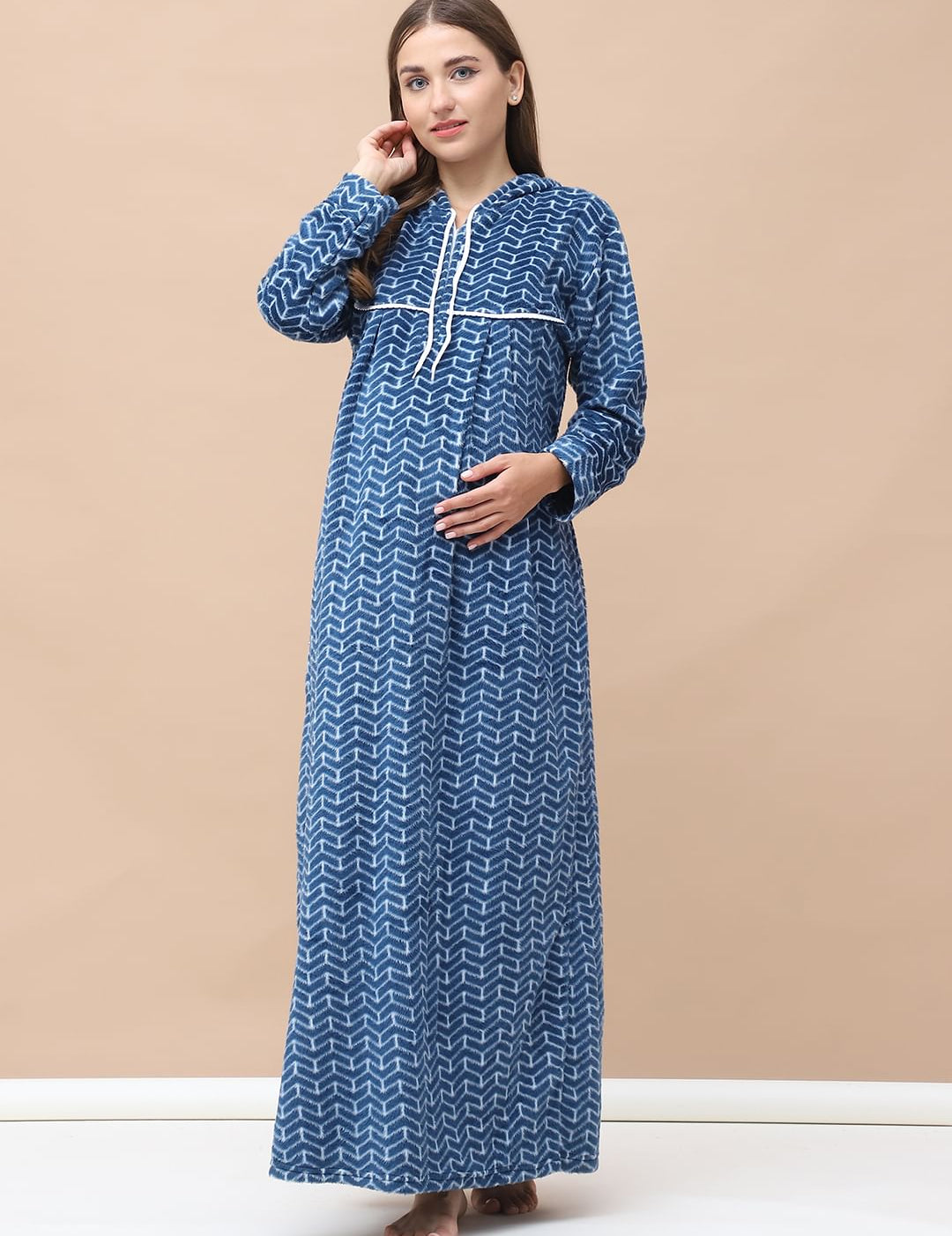 Geometric Print Blue Woolen Maternity Nighty Full Length with Hoodie