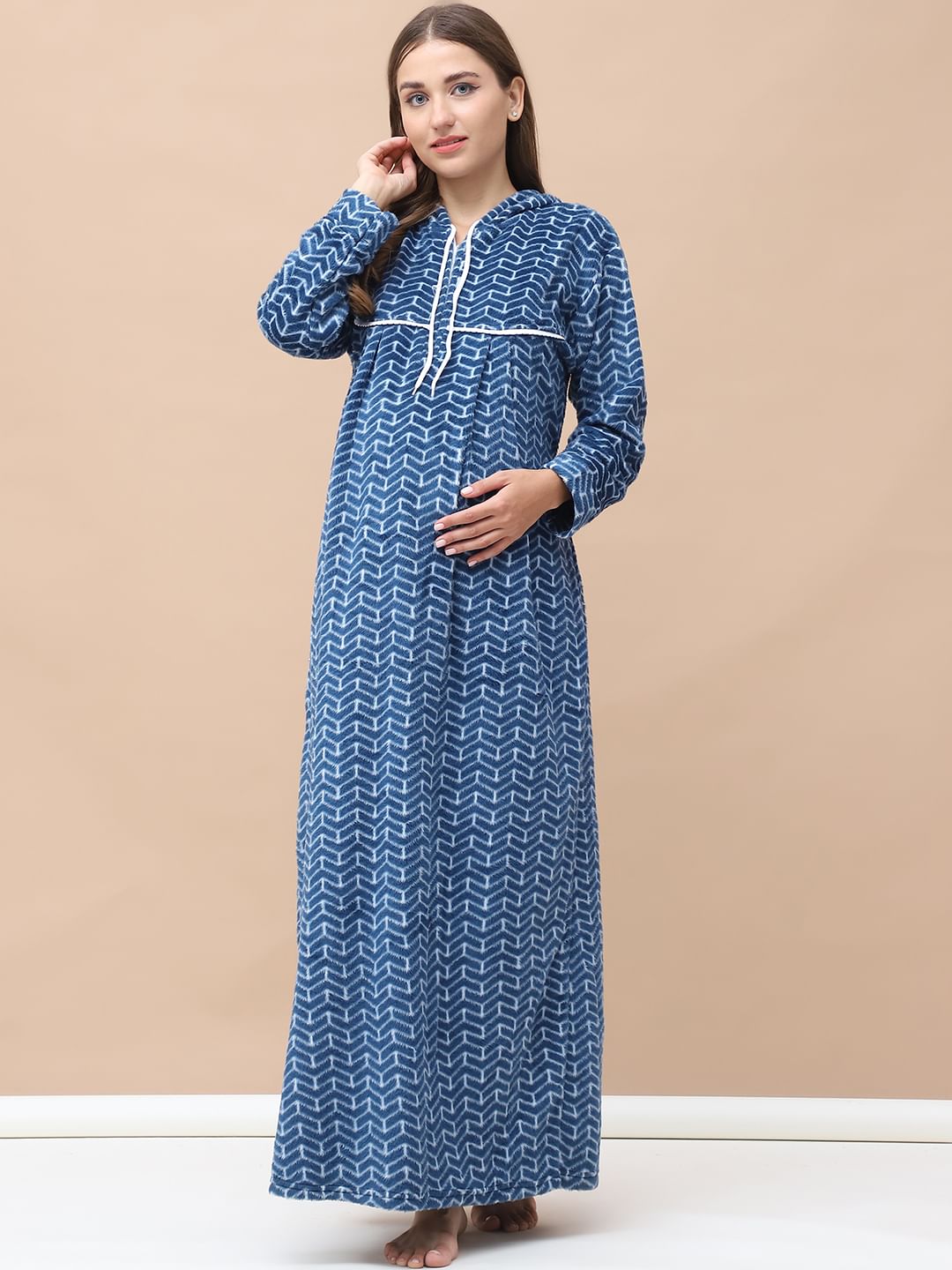 Geometric Print Blue Woolen Maternity Nighty Full Length with Hoodie