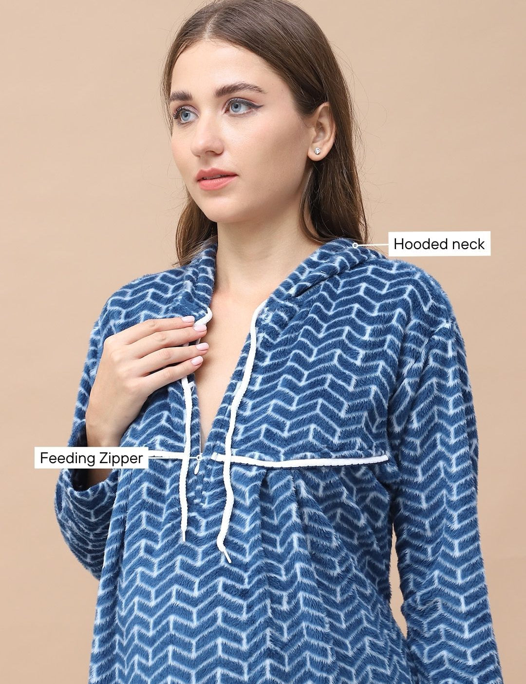 Geometric Print Blue Woolen Maternity Nighty Full Length with Hoodie