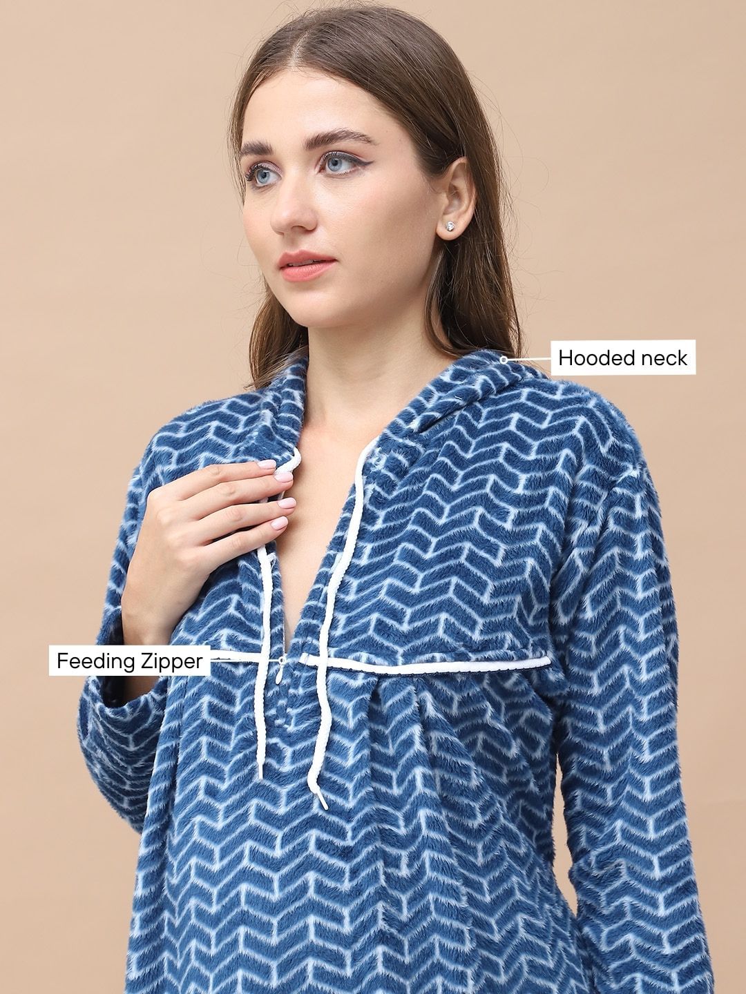 Geometric Print Blue Woolen Maternity Nighty Full Length with Hoodie