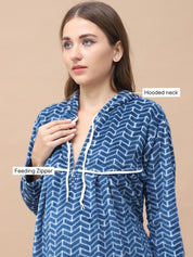Geometric Print Blue Woolen Maternity Nighty Full Length with Hoodie