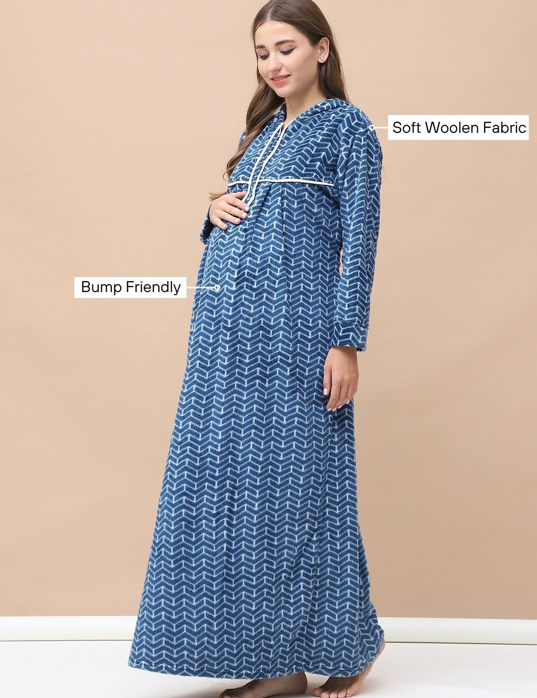 Geometric Print Blue Woolen Maternity Nighty Full Length with Hoodie