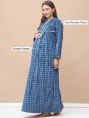 Geometric Print Blue Woolen Maternity Nighty Full Length with Hoodie