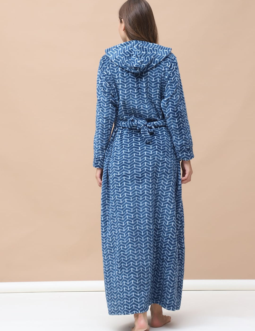 Geometric Print Blue Woolen Maternity Nighty Full Length with Hoodie