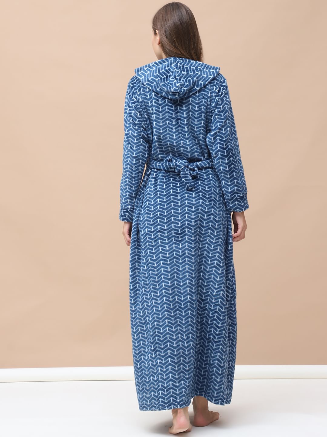 Geometric Print Blue Woolen Maternity Nighty Full Length with Hoodie
