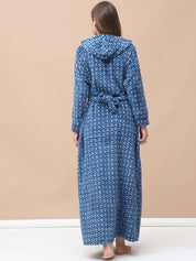 Geometric Print Blue Woolen Maternity Nighty Full Length with Hoodie