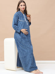 Geometric Print Blue Woolen Maternity Nighty Full Length with Hoodie