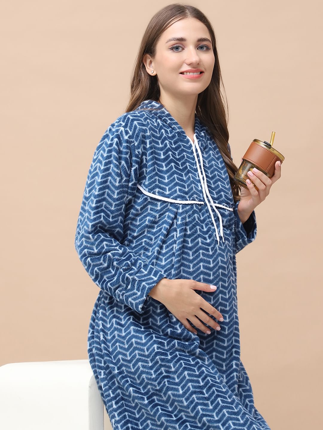 Geometric Print Blue Woolen Maternity Nighty Full Length with Hoodie