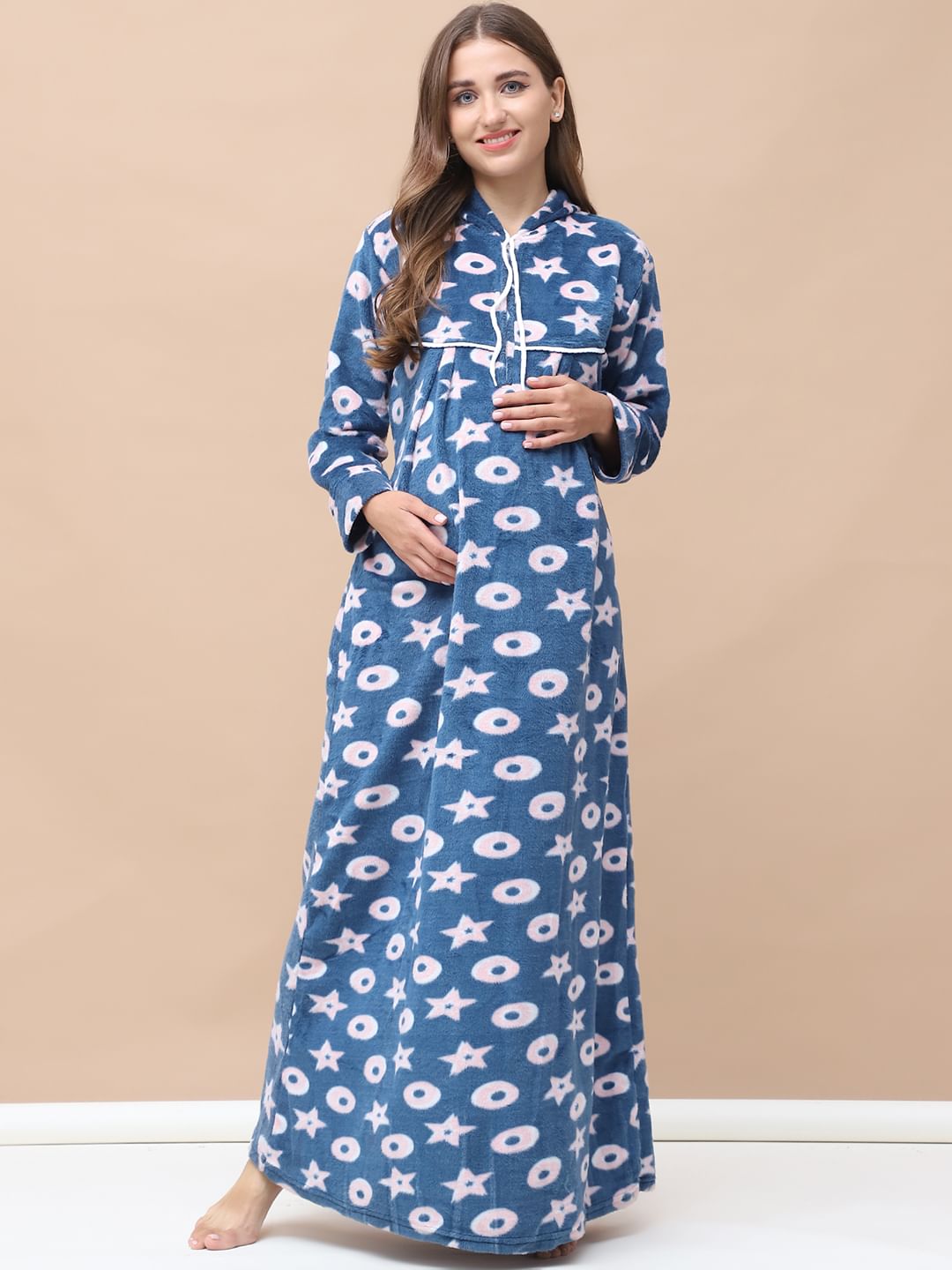 Printed Blue Woolen Maternity Nighty Full Length with Hoodie