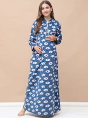 Printed Blue Woolen Maternity Nighty Full Length with Hoodie