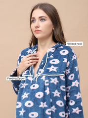 Printed Blue Woolen Maternity Nighty Full Length with Hoodie