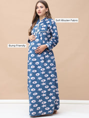 Printed Blue Woolen Maternity Nighty Full Length with Hoodie