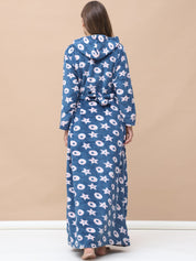Printed Blue Woolen Maternity Nighty Full Length with Hoodie