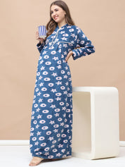 Printed Blue Woolen Maternity Nighty Full Length with Hoodie