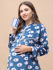 Printed Blue Woolen Maternity Nighty Full Length with Hoodie