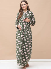 Printed Olive Woolen Maternity Nighty Full Length with Hoodie