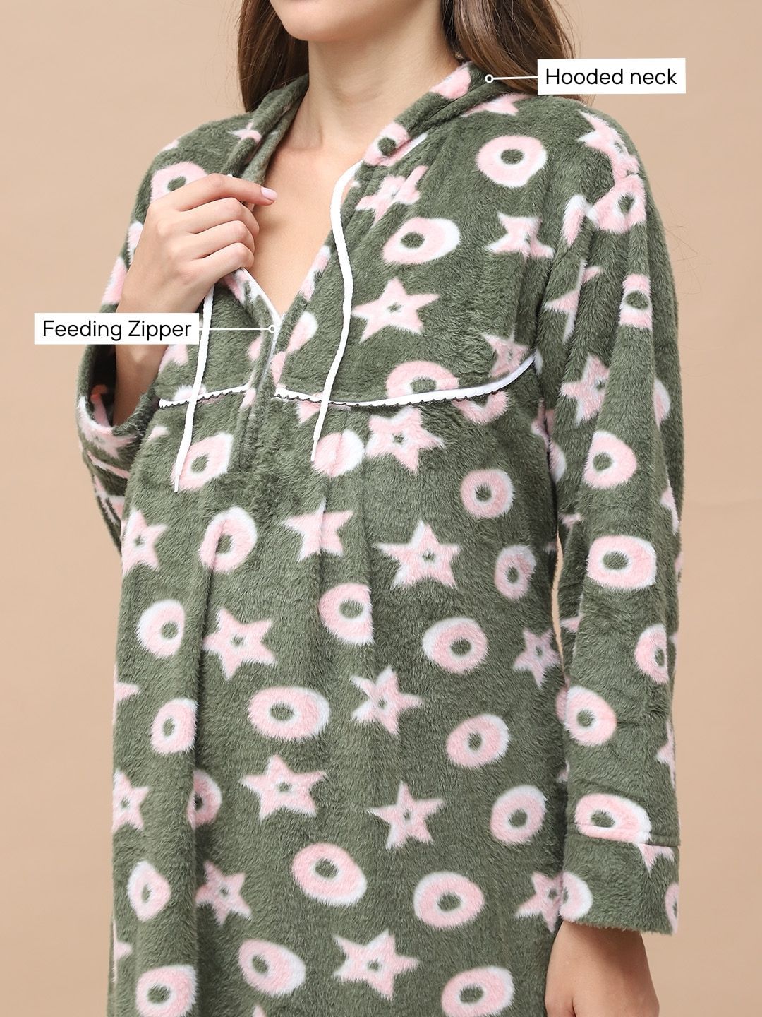 Printed Olive Woolen Maternity Nighty Full Length with Hoodie