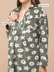 Printed Olive Woolen Maternity Nighty Full Length with Hoodie