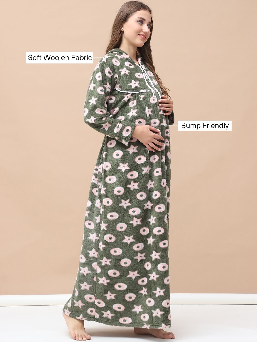 Printed Olive Woolen Maternity Nighty Full Length with Hoodie