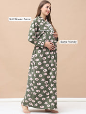 Printed Olive Woolen Maternity Nighty Full Length with Hoodie